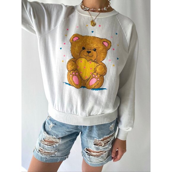 90s vintage teddy bear graphic cute kidcore cartoon pullover crewneck sweatshirt - Picture 2 of 9